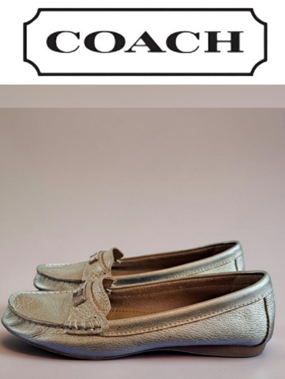Coach Fredrica womens pebbleb gold metallic leather slip-on loafer platinum